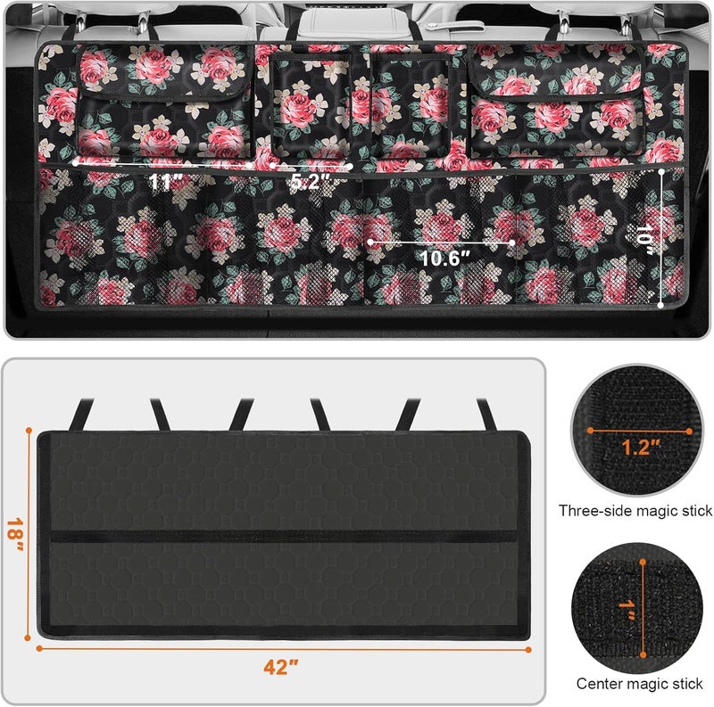 esouler Car Trunk Organizer, Super Capacity Backseat Car Organizer for SUV/Truck/MPV(42"*18"), Hanging Car Storage Organizer with 8 Pocekts, Car Accessories for Women and Men- Floral - Image 3